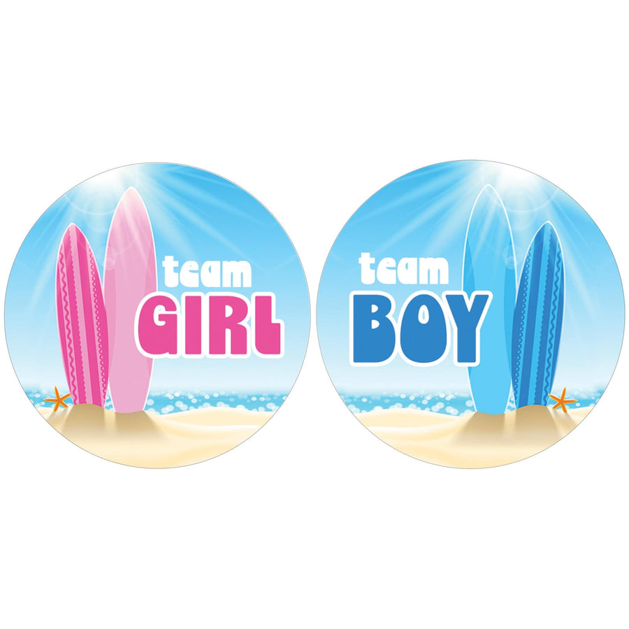 Baby on Board: Gender Reveal Party - Team Boy or Team Girl, Surf Themed - 40 Stickers - Distinctivs Party