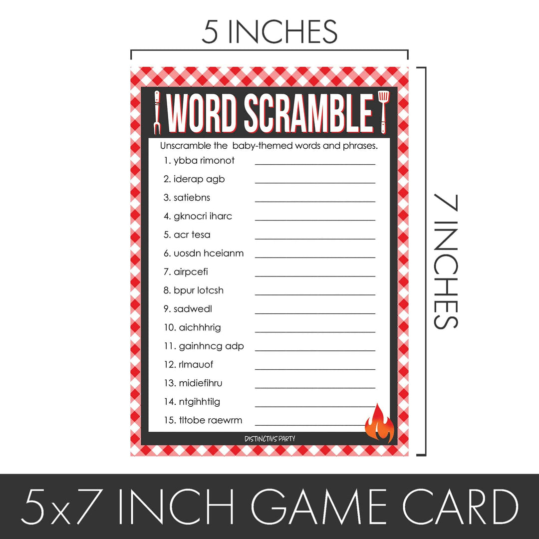 Baby-Q: Juegos de baby shower de barbacoa de verano - Qué hay en tu teléfono y Word Scramble - Paquete de dos juegos - 20 tarjetas de doble cara