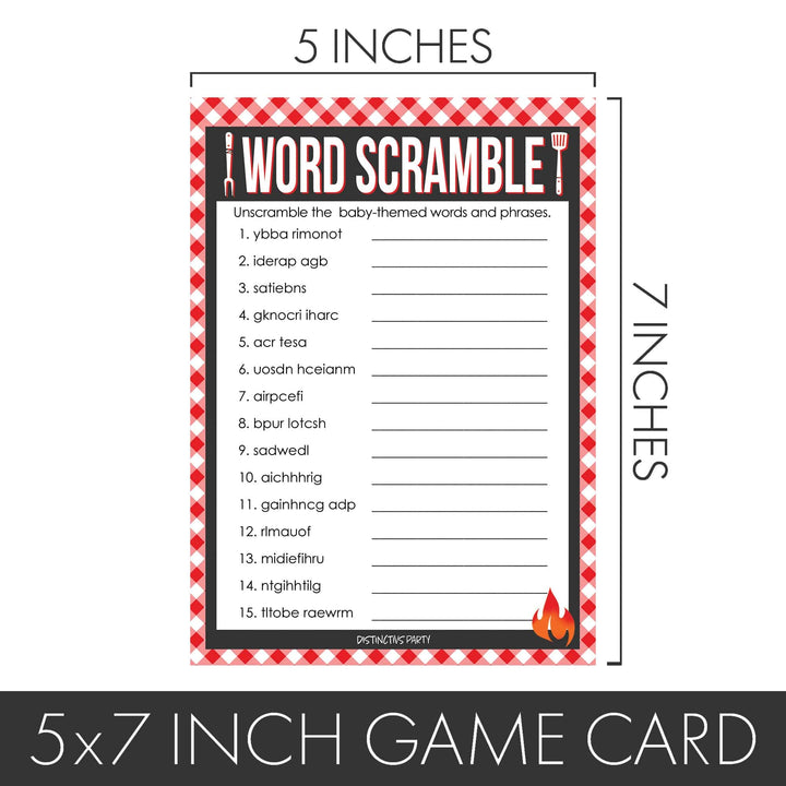 Baby-Q: Juegos de baby shower de barbacoa de verano - Qué hay en tu teléfono y Word Scramble - Paquete de dos juegos - 20 tarjetas de doble cara