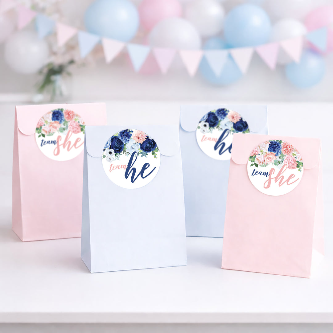 Navy & Blush Floral: Gender Reveal Party -Team He or Team She - 40 Stickers