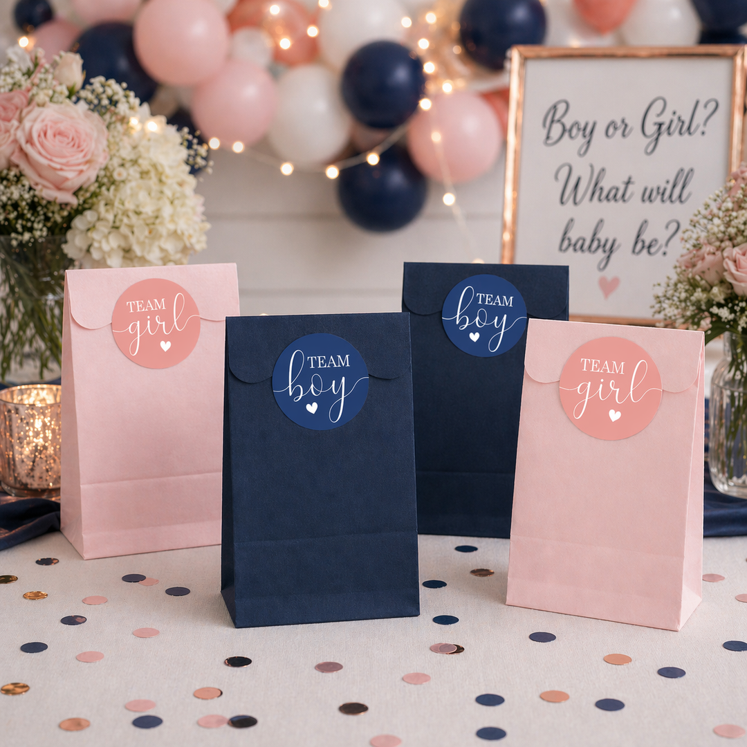 Blush and Navy Gender Reveal Party Stickers – Team Boy or Team Girl – 40 Pack (1.75" Round)