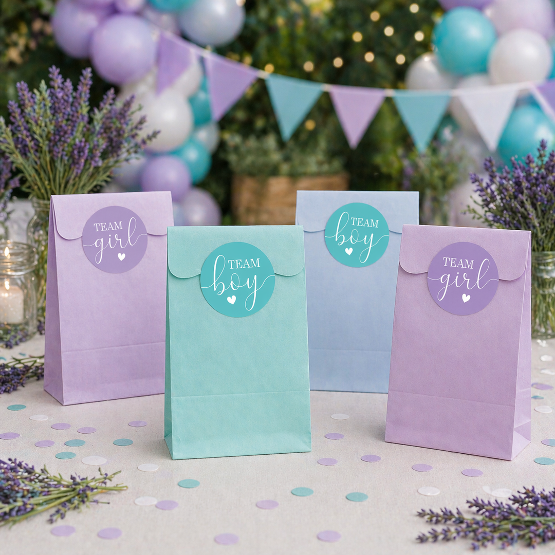 Purple and Teal Gender Reveal Party Stickers – Team Boy or Team Girl – 40 Pack (1.75" Round)