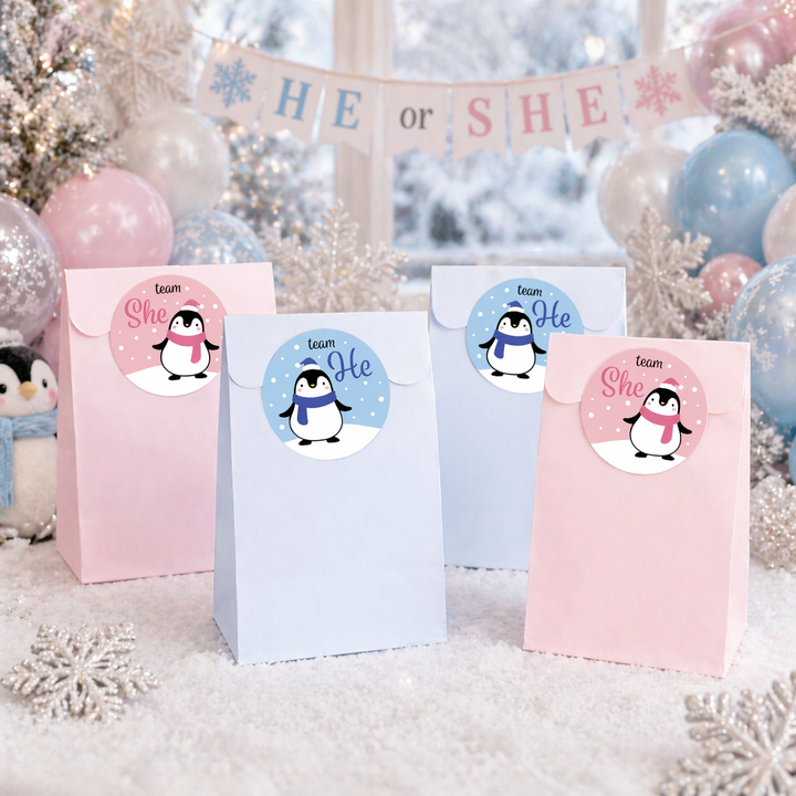 Penguin Gender Reveal Stickers Team He or Team She Stickers - 40 Stickers