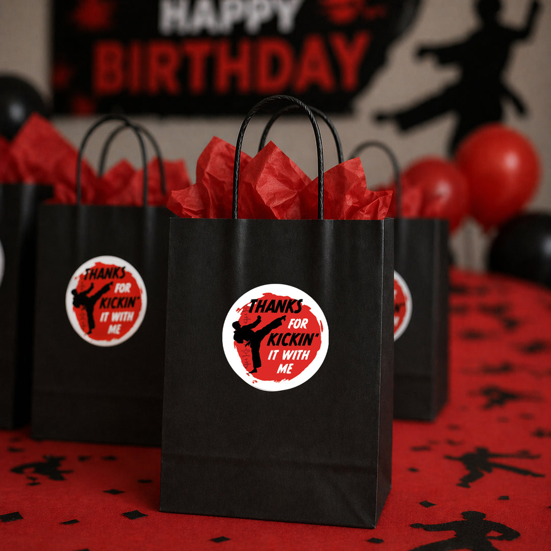 Saltar, patear, bloquear: Karate - Cumpleaños del niño - Gracias por patearlo conmigo - Etiquetas de agradecimiento - 40 pegatinas