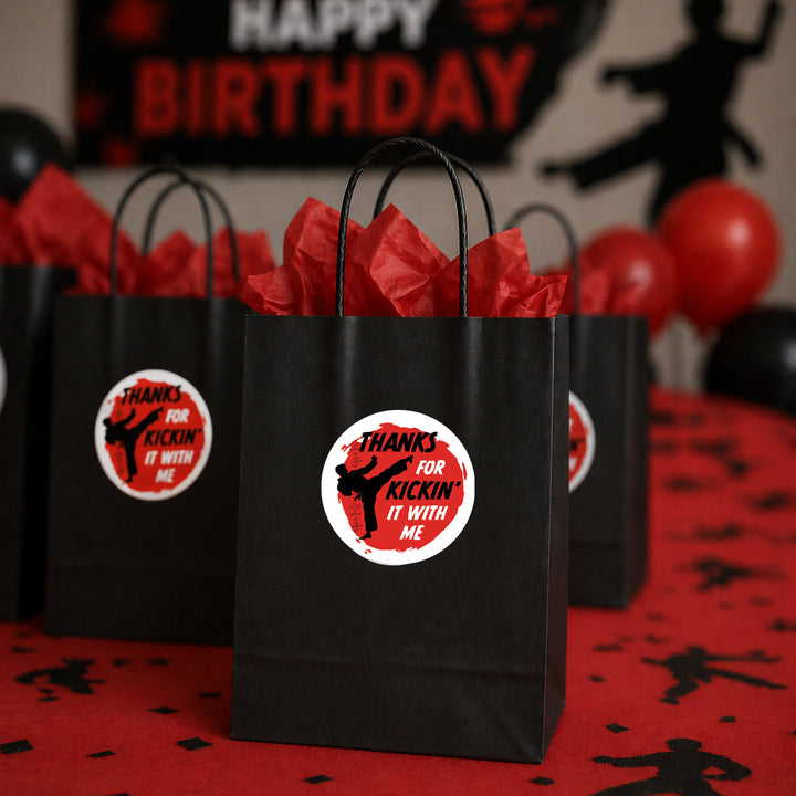 Saltar, patear, bloquear: Karate - Cumpleaños del niño - Gracias por patearlo conmigo - Etiquetas de agradecimiento - 40 pegatinas
