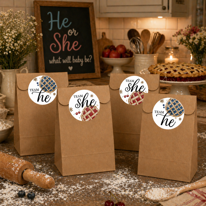 Cutie Pie Gender Reveal Party Stickers - Team He or Team She - 40 pack (1.75" Round)