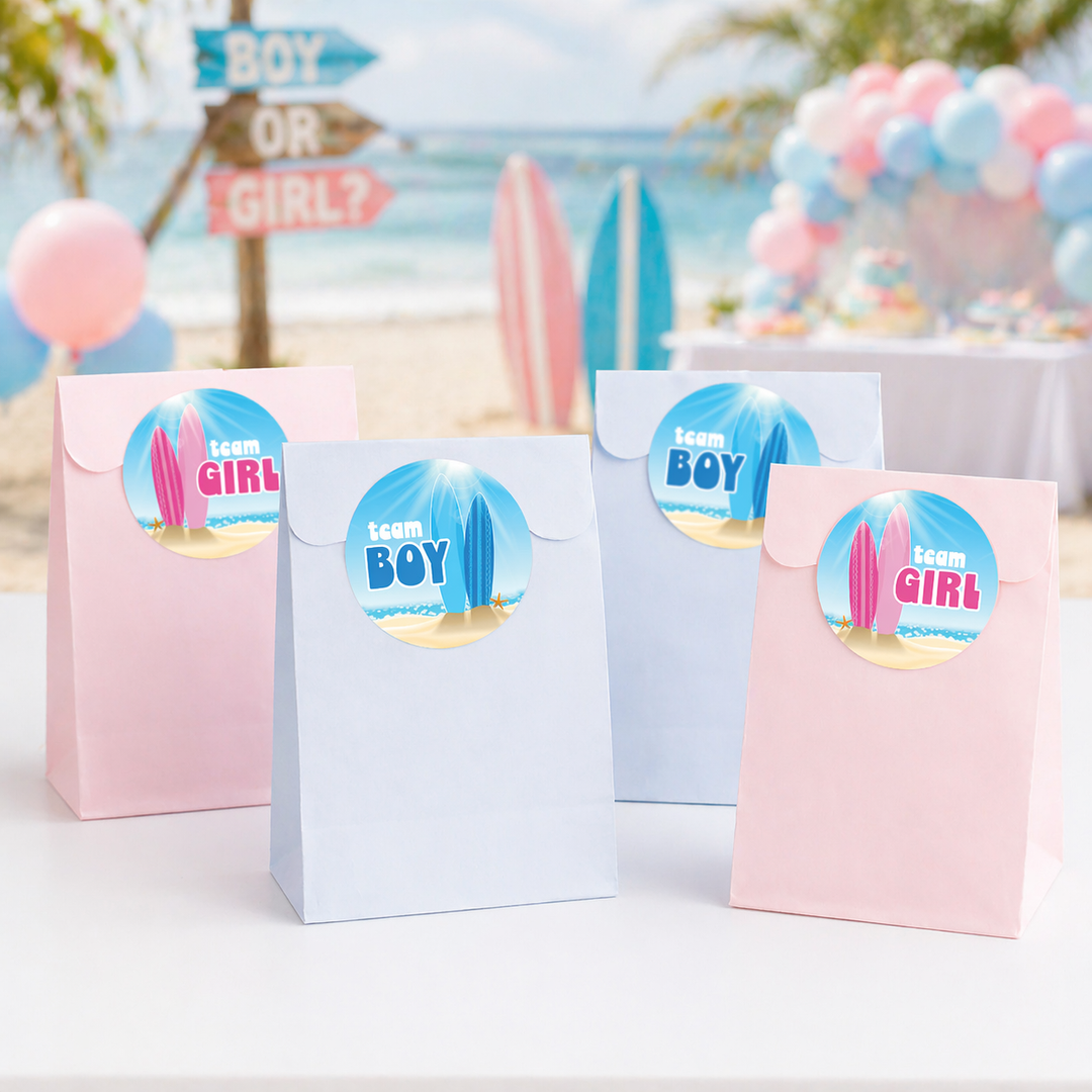 Baby on Board: Gender Reveal Party - Team Boy or Team Girl, Surf Themed - 40 Stickers