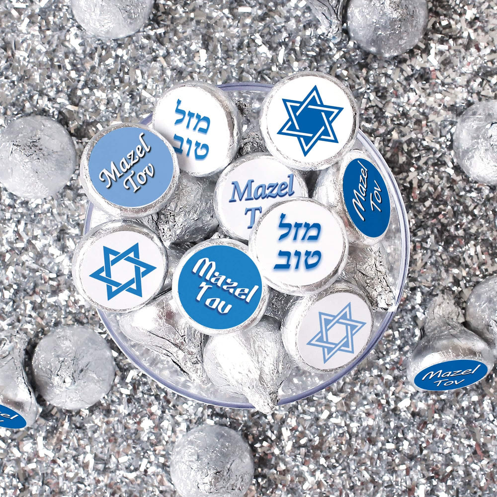 Bar Mitzvah: Blue and White - Mazel Tov Stickers -  Fits on Hershey® Kisses - 180 Stickers - Distinctivs Party