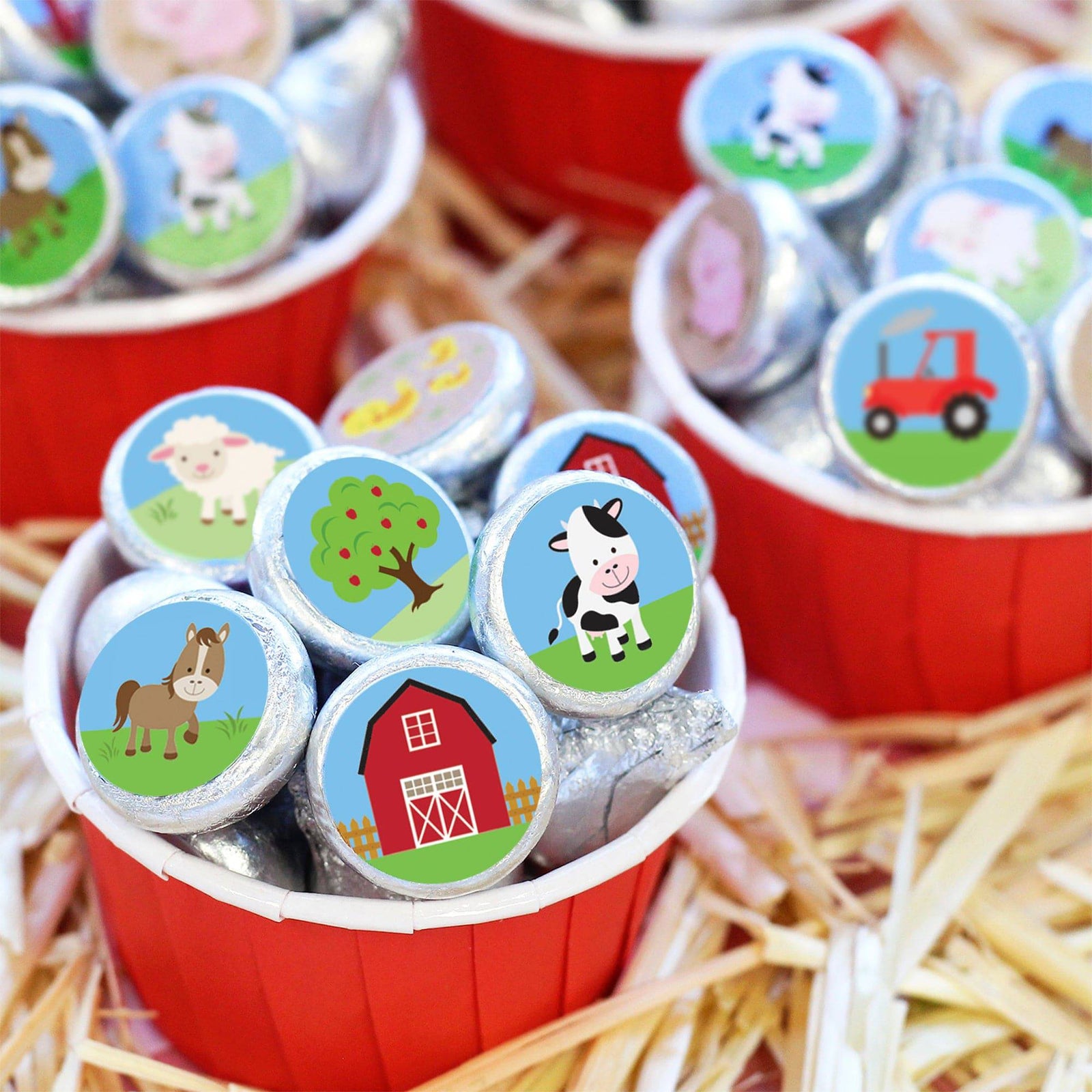 Barnyard Farm Animals:  Kid's Birthday - Round Candy Favor Stickers - Fits on Hershey's® Kisses - 180 Stickers - Distinctivs Party