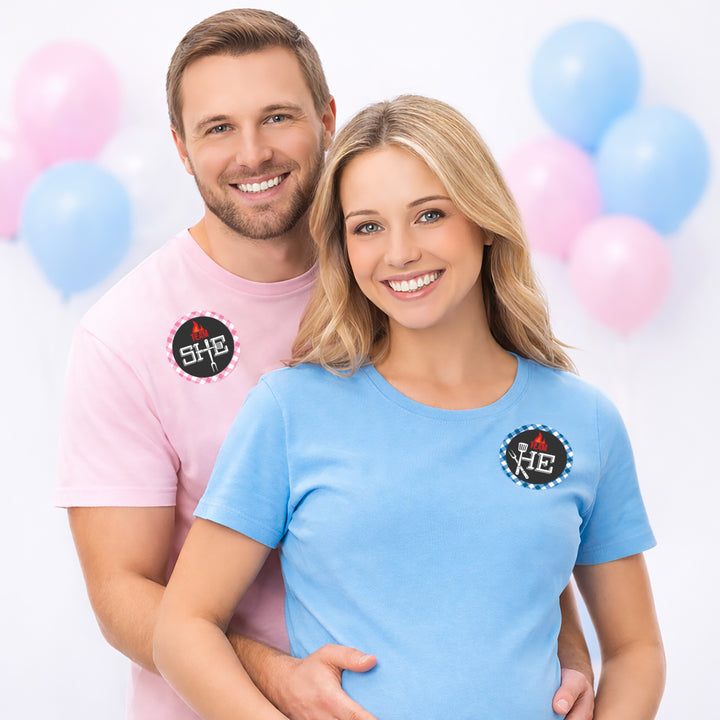 Baby-Q: Baby Shower con revelación de género de barbacoa de verano, pegatinas del equipo Él o del equipo Ella, 40 pegatinas
