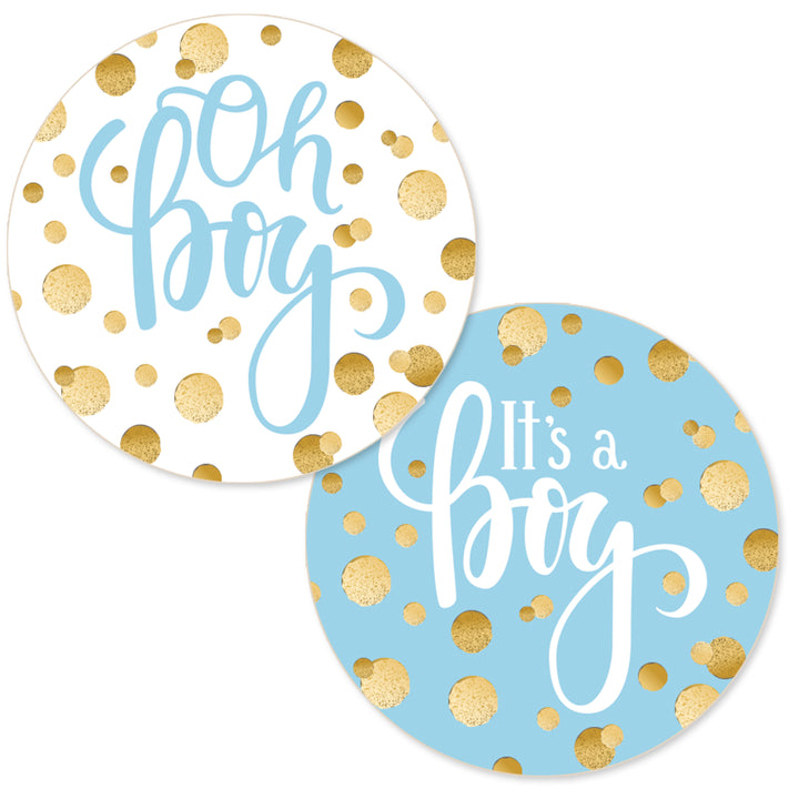 Confeti dorado: azul - I's a Boy Baby Shower - Etiquetas redondas - 40 pegatinas