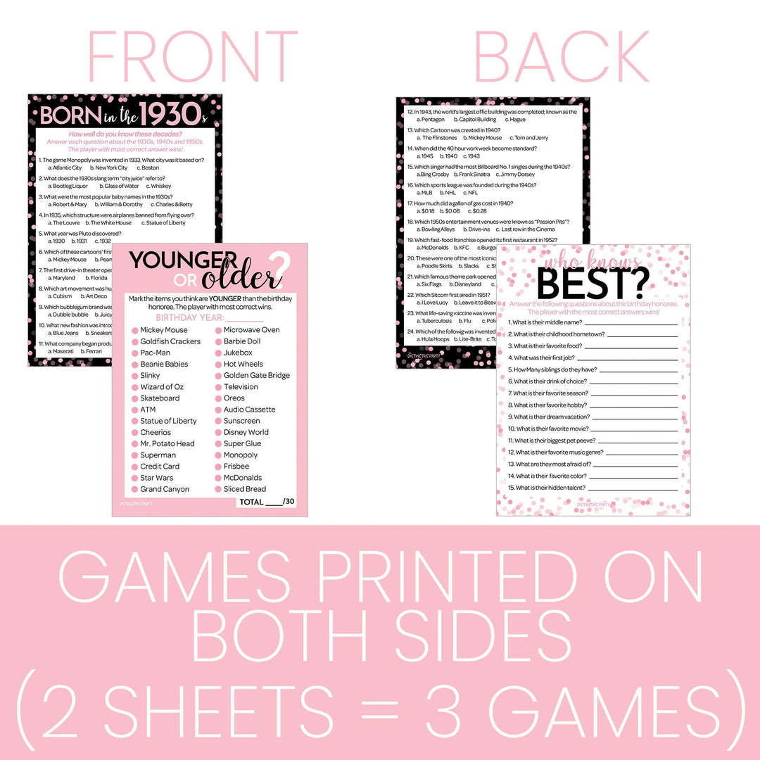 Born in The 1930s Pink & Black - Adult Birthday - Party Game Bundle - 3 Games for 20 Guests - Distinctivs Party