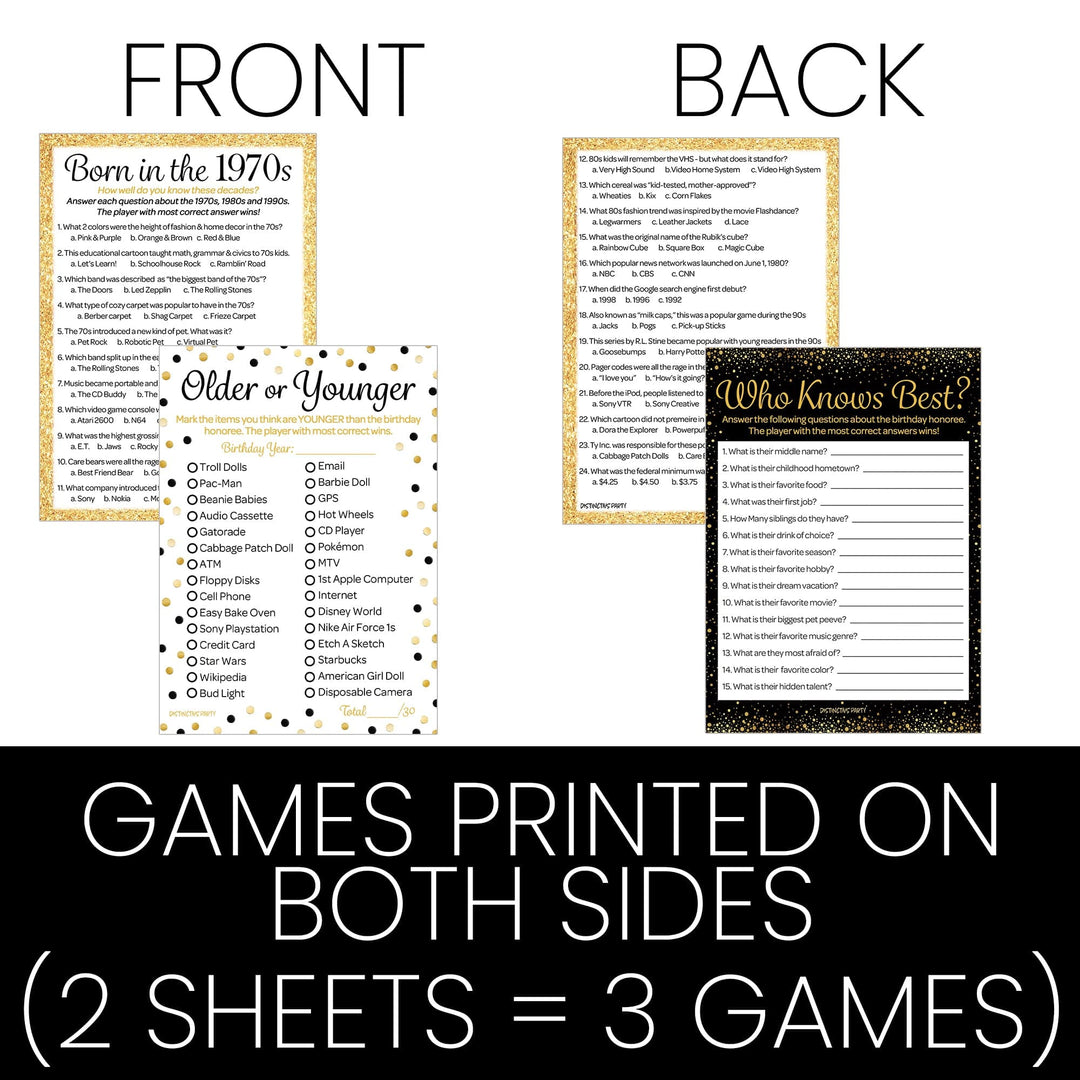 Born in The 1970s Black & Gold - 50th or 55th Birthday Party Game Bundle - 3 Games for 20 Guests - Distinctivs Party