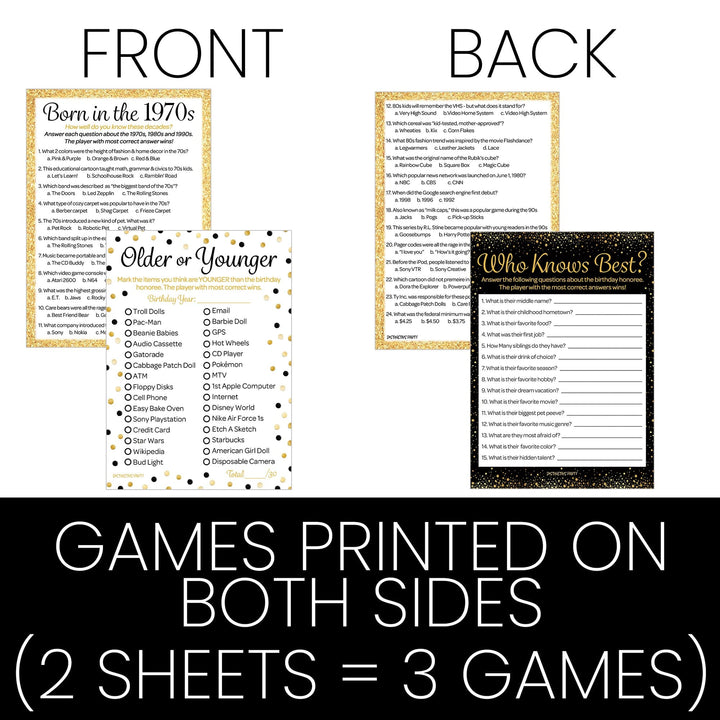 Born in The 1970s Black & Gold - 50th or 55th Birthday Party Game Bundle - 3 Games for 20 Guests - Distinctivs Party