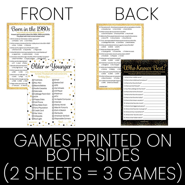 Born in The 1980s Black & Gold - 40th or 45th Birthday Party Game Bundle - 3 Games for 20 Guests - Distinctivs Party