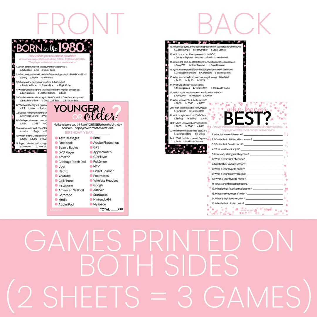 Born in The 1980s Pink & Black - Adult Birthday - Party Game Bundle - 3 Games for 20 Guests - Distinctivs Party