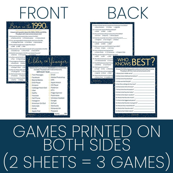 Born in The 1990s: Navy Blue & Gold - 30th & 35th Birthday Party Game Bundle - 3 Games for 20 Guests - Distinctivs Party