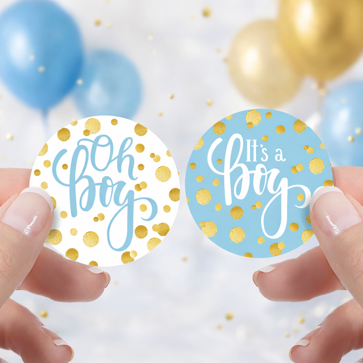 Confeti dorado: azul - I's a Boy Baby Shower - Etiquetas redondas - 40 pegatinas