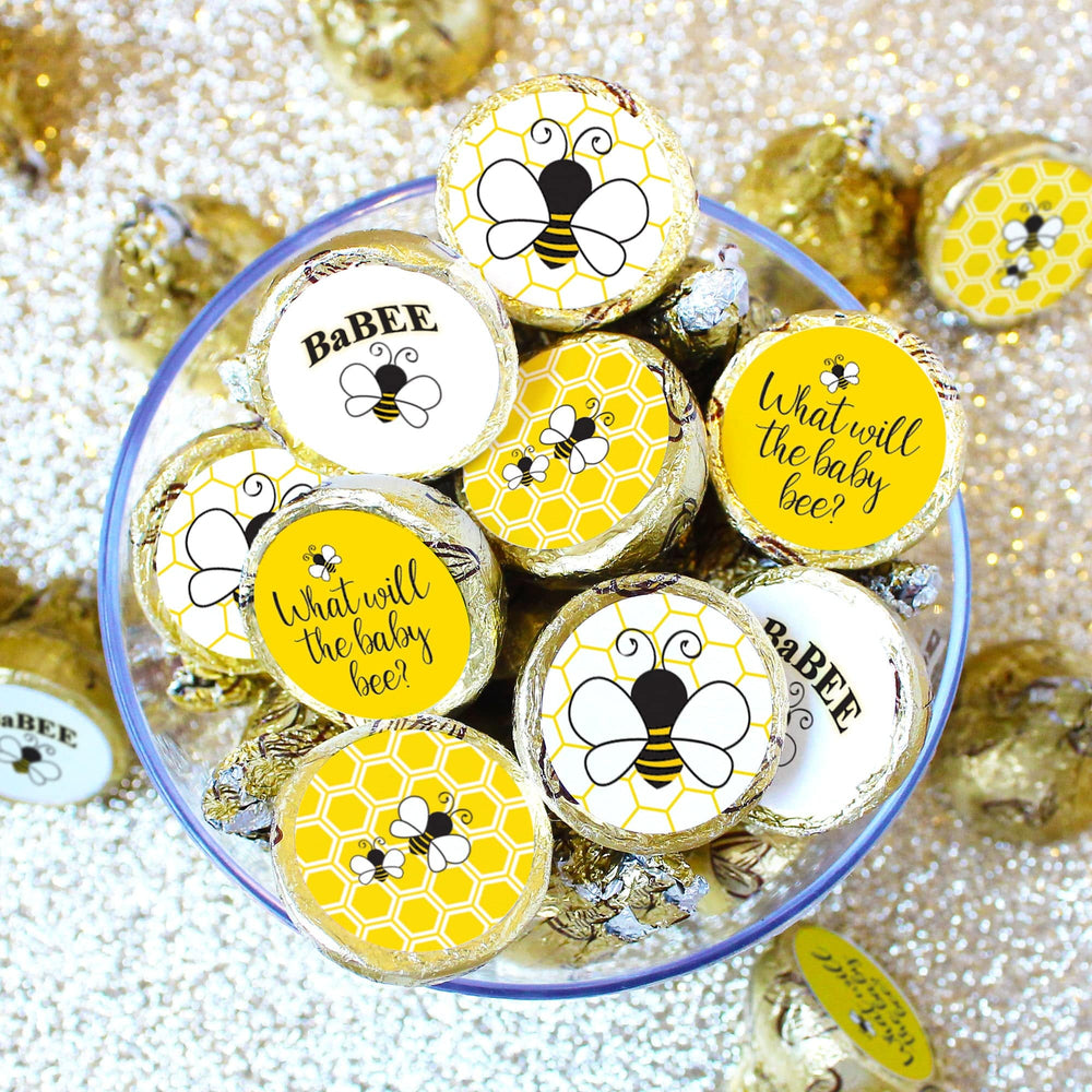 Bumble Bee: Gender Reveal Party - Favor Stickers - Fits on Hershey's Kisses - What Will Baby Bee - 180 Stickers - Distinctivs Party