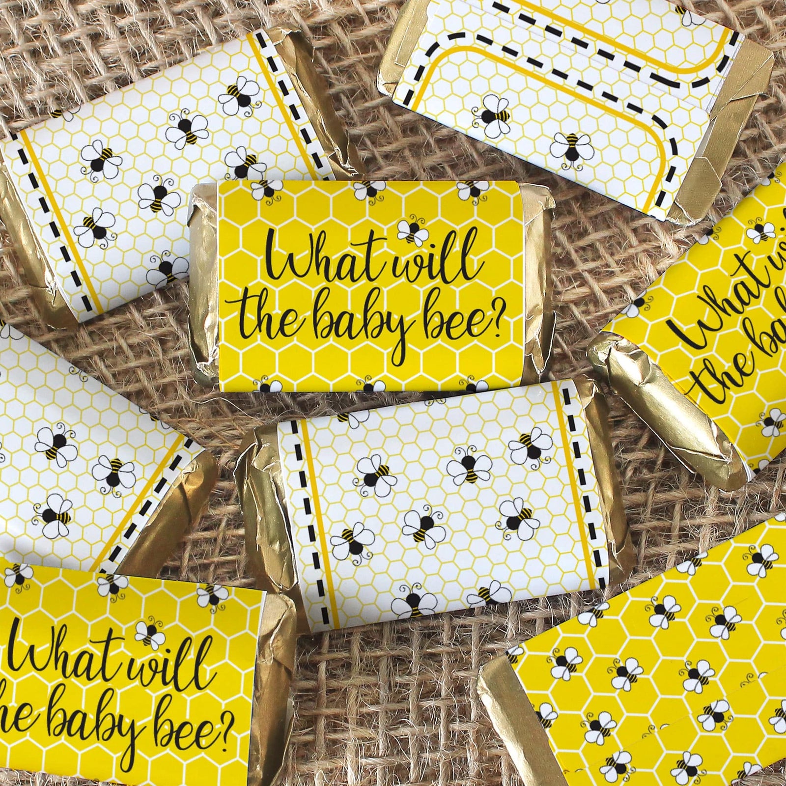 Bumble Bee: Gender Reveal Party - Mini Candy Bar Stickers - What Will Baby Bee - 42 Stickers - Distinctivs Party