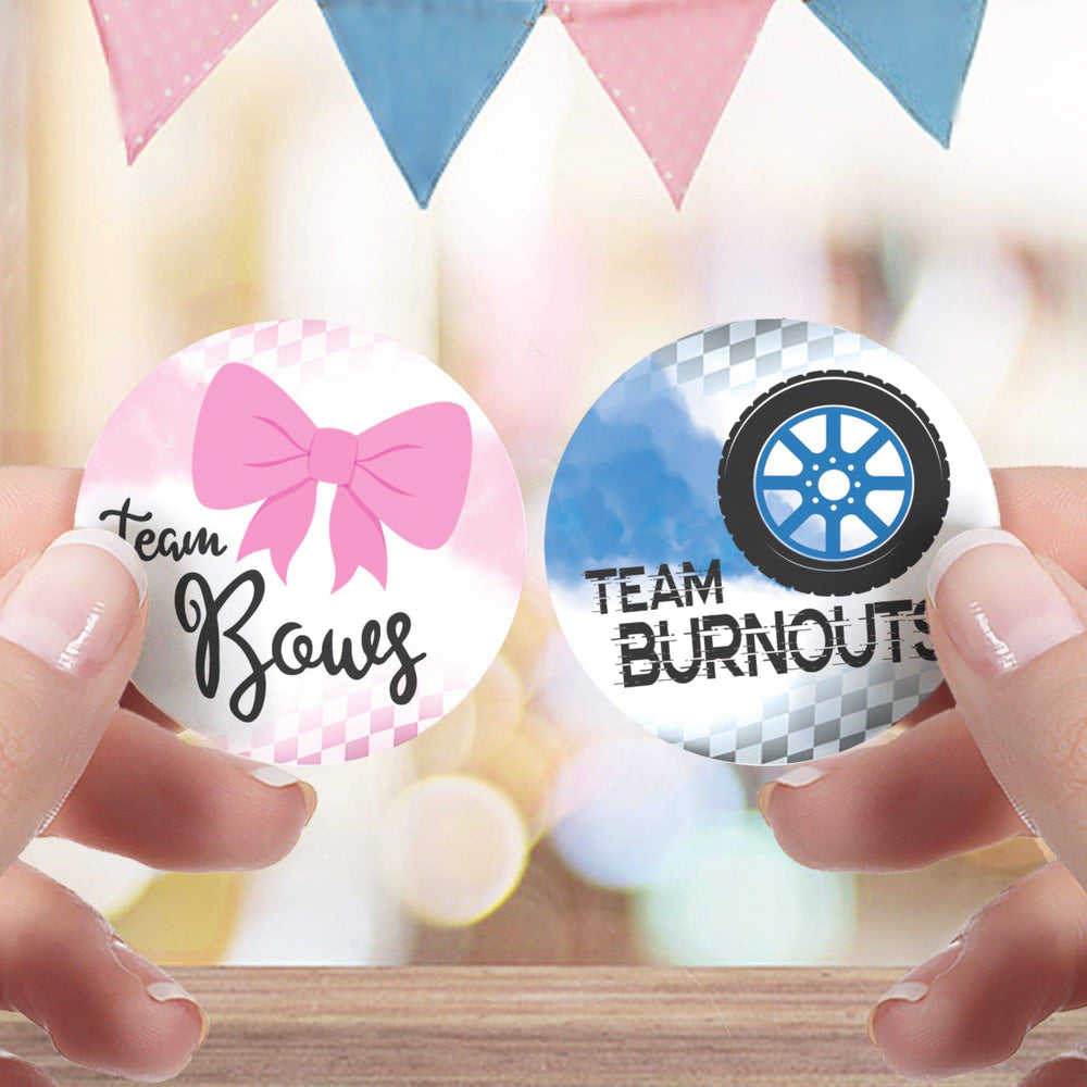 Burnouts or Bows: Gender Reveal Party - Team Bows or Team Burnouts - 40 Stickers - Distinctivs Party