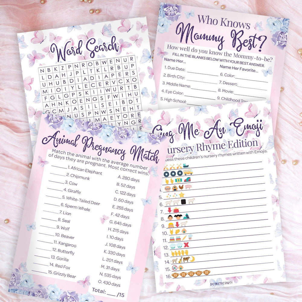 Butterfly: Baby Shower - Party Game Bundle - Emoji, Animal Match, Word Search, & Who Knows Mommy Best - 4 Games for 20 Players - 40 Dual Sided Cards - Distinctivs Party