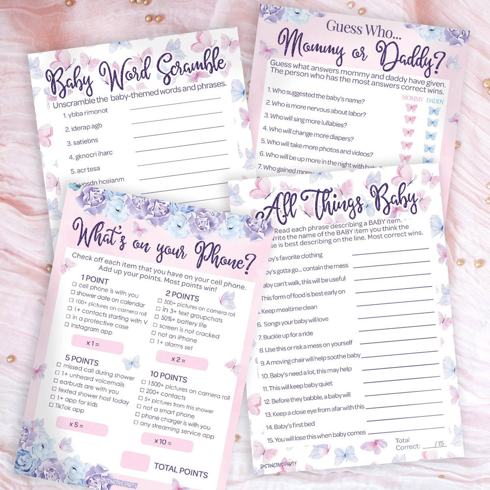 Butterfly: Baby Shower - Party Game Bundle - Guess Who: Mommy or Daddy, All Things Baby, What's On Your Phone & Word Scramble - 4 Games for 20 Players - 40 Dual Sided Cards - Distinctivs Party