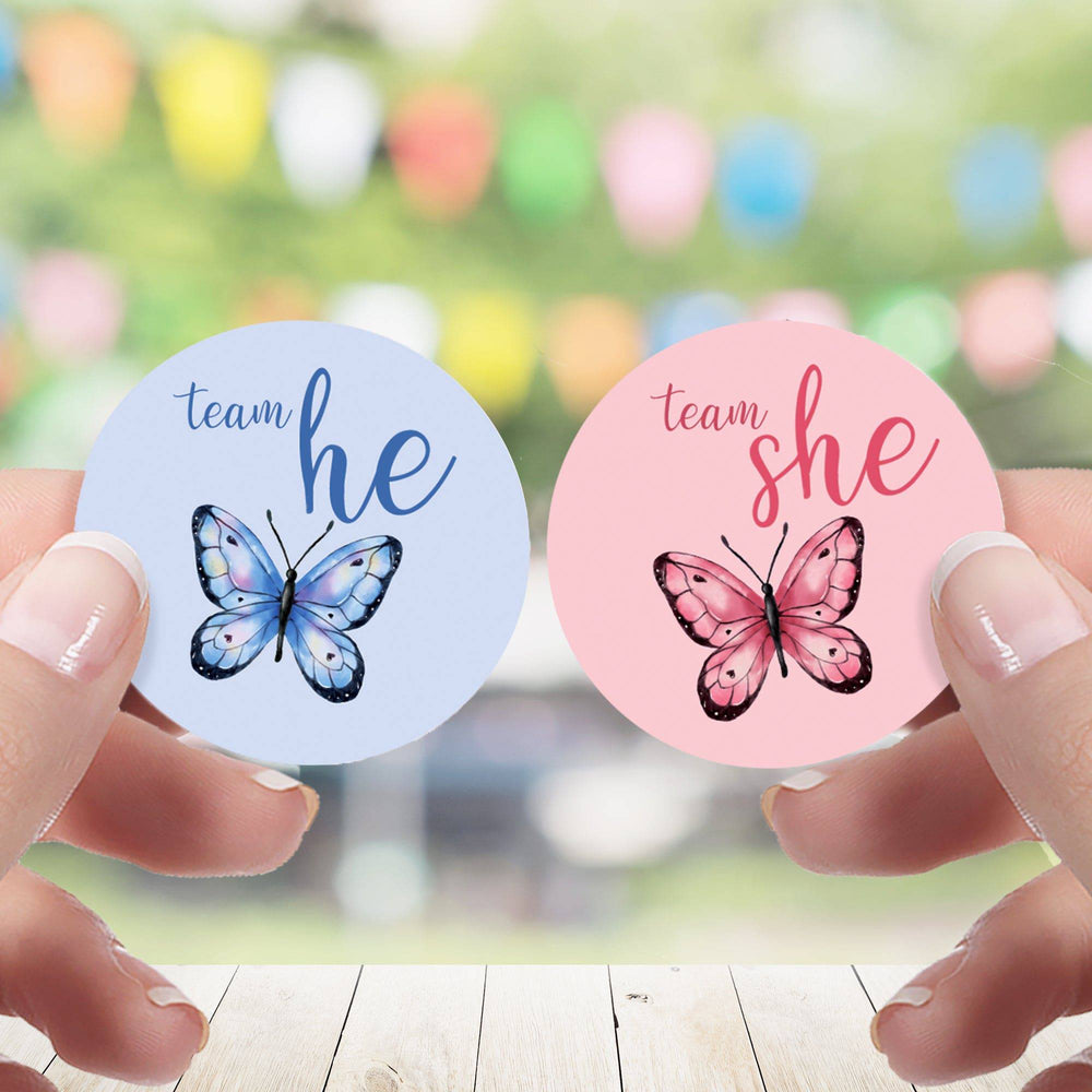 Butterfly on the Way: Gender Reveal Party - He or She - 40 Stickers - Distinctivs Party