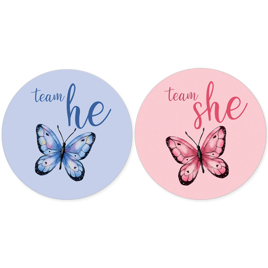 Butterfly on the Way: Gender Reveal Party - He or She - 40 Stickers - Distinctivs Party