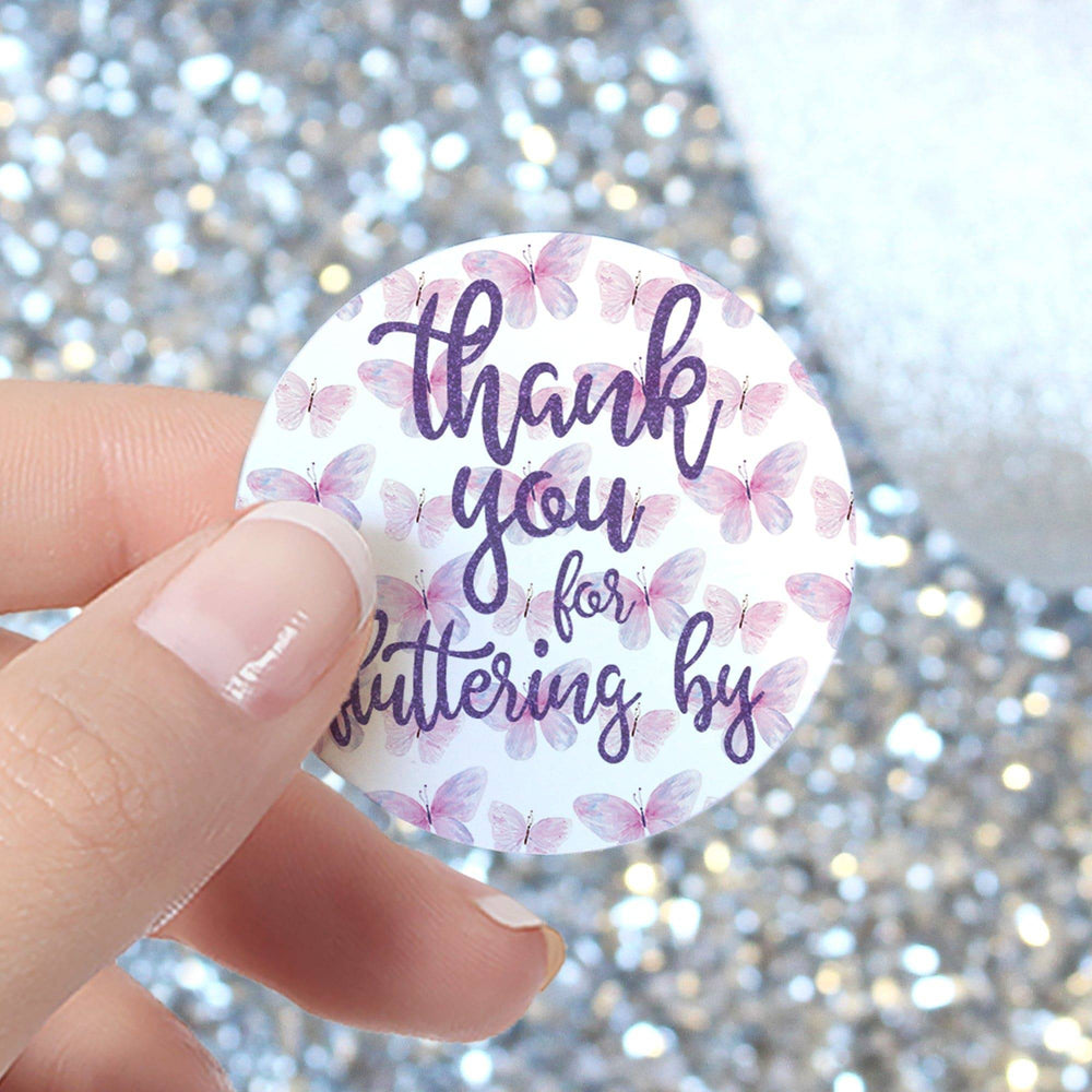 Butterfly: Purple & Pink - Baby Shower  - Thank You for Fluttering By, Spring - 40 Stickers - Distinctivs Party