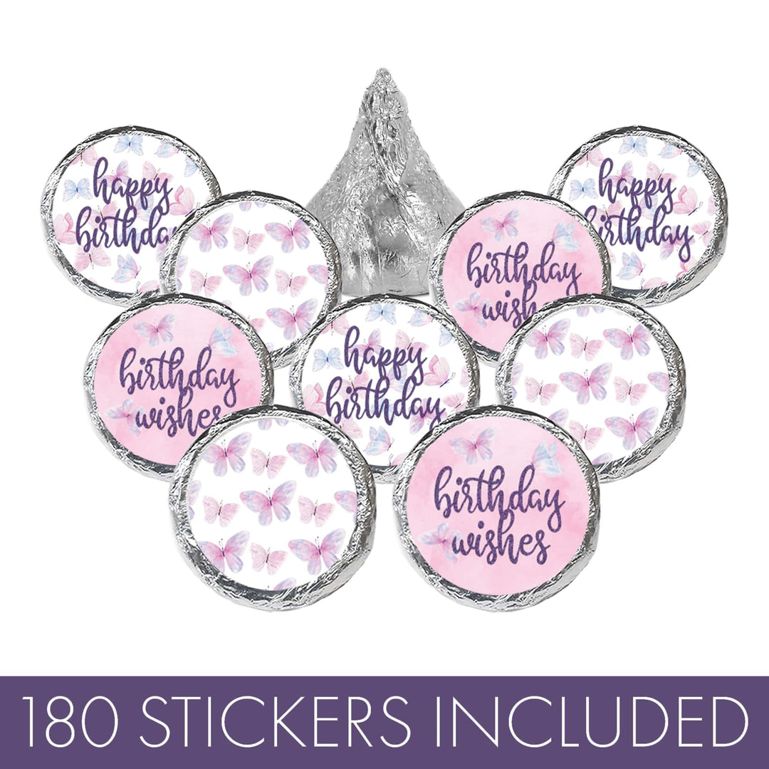 Butterfly Wishes: Purple & Pink - Kid's Birthday  - Party Favor Stickers - Fits on Hershey's Kisses, Spring - 180 Stickers