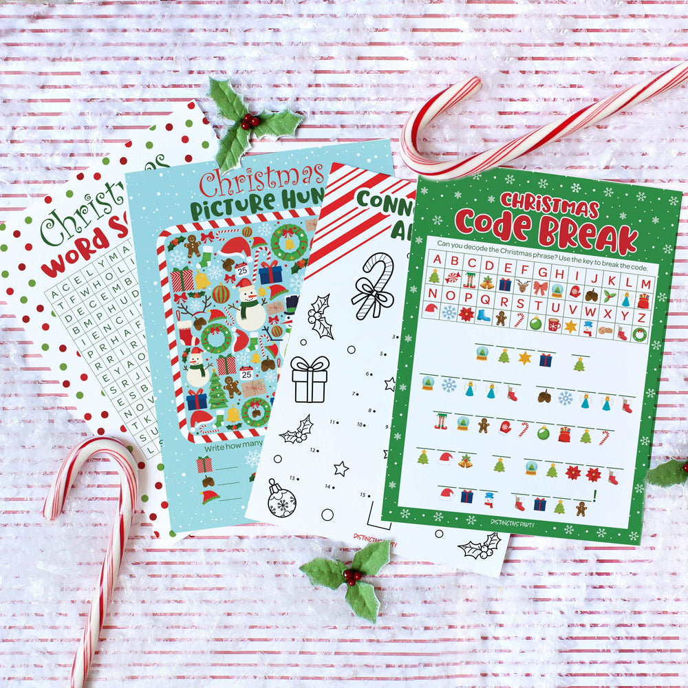 Christmas Cheer: Christmas Party Game Bundle- Word Search, Picture Hunt, Code Break & Connect the Dots - 4 Games for 25 Kids - Distinctivs Party