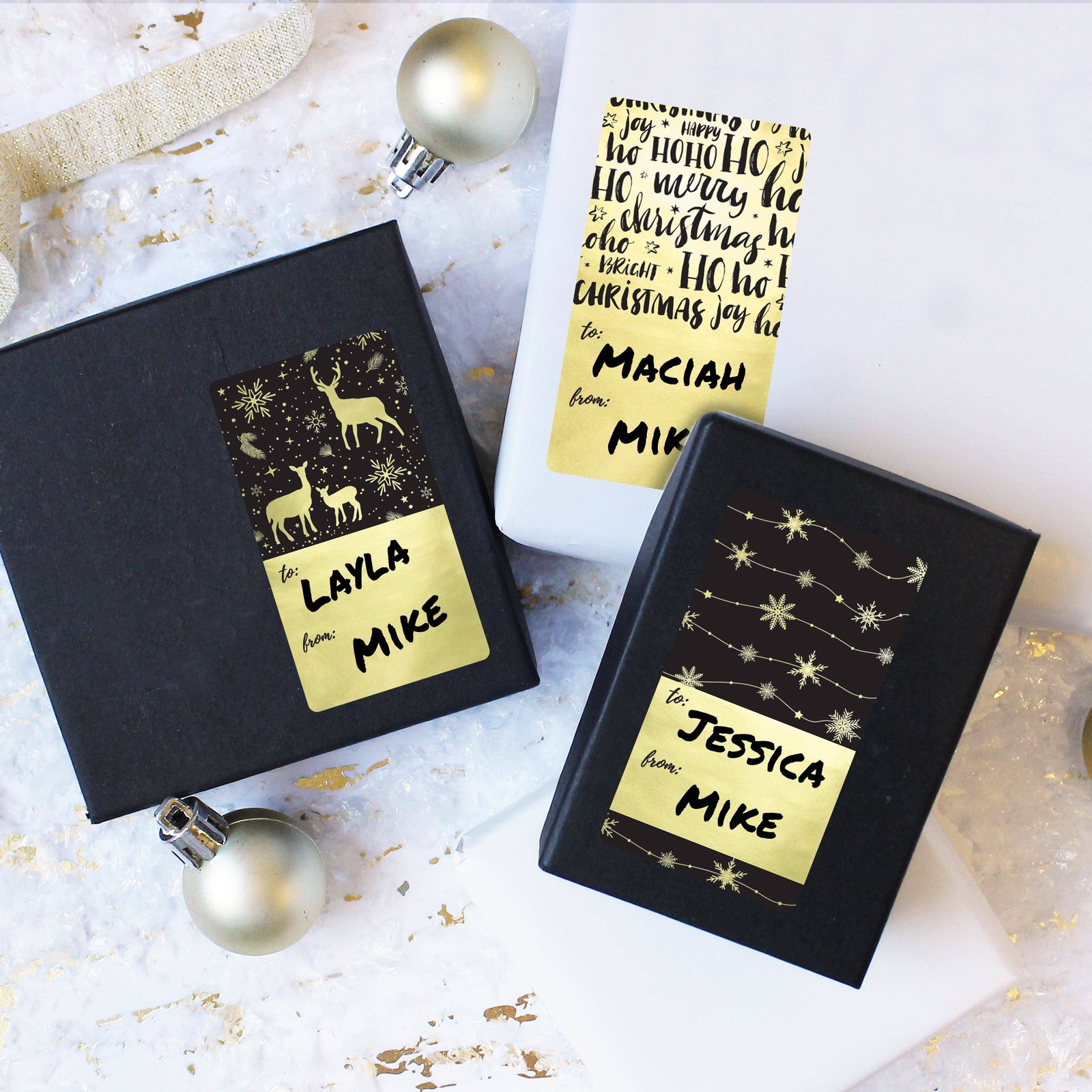 Christmas Gift Tag Stickers: Black and Gold Foil  – 75 Stickers - Distinctivs Party