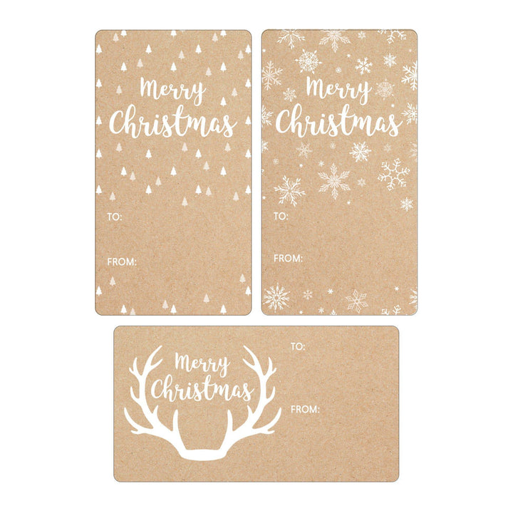 Christmas Gift Tag Stickers: Christmas Trees, Antlers & Snowflakes on Kraft  – 75 Stickers