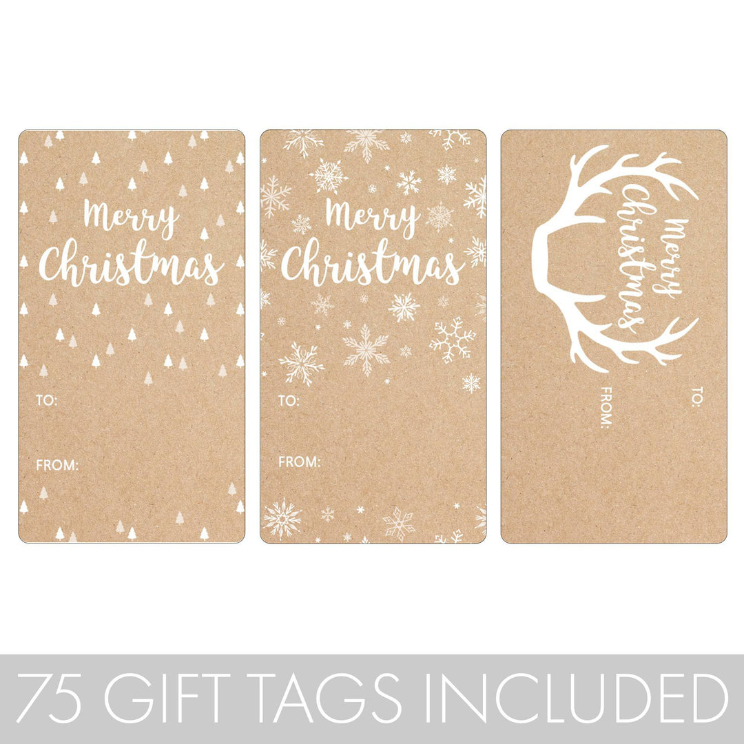 Christmas Gift Tag Stickers: Christmas Trees, Antlers & Snowflakes on Kraft  – 75 Stickers