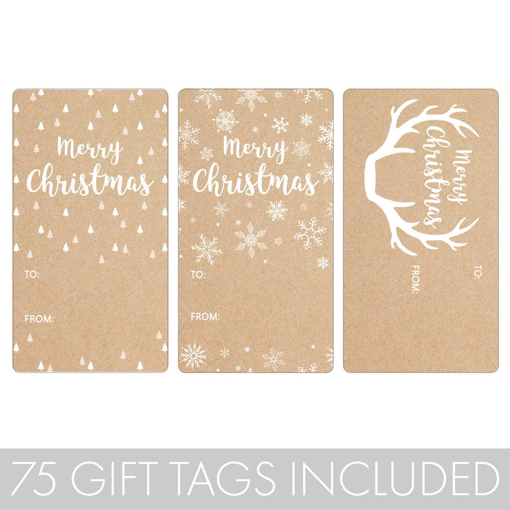 Christmas Gift Tag Stickers: Christmas Trees, Antlers & Snowflakes on Kraft  – 75 Stickers