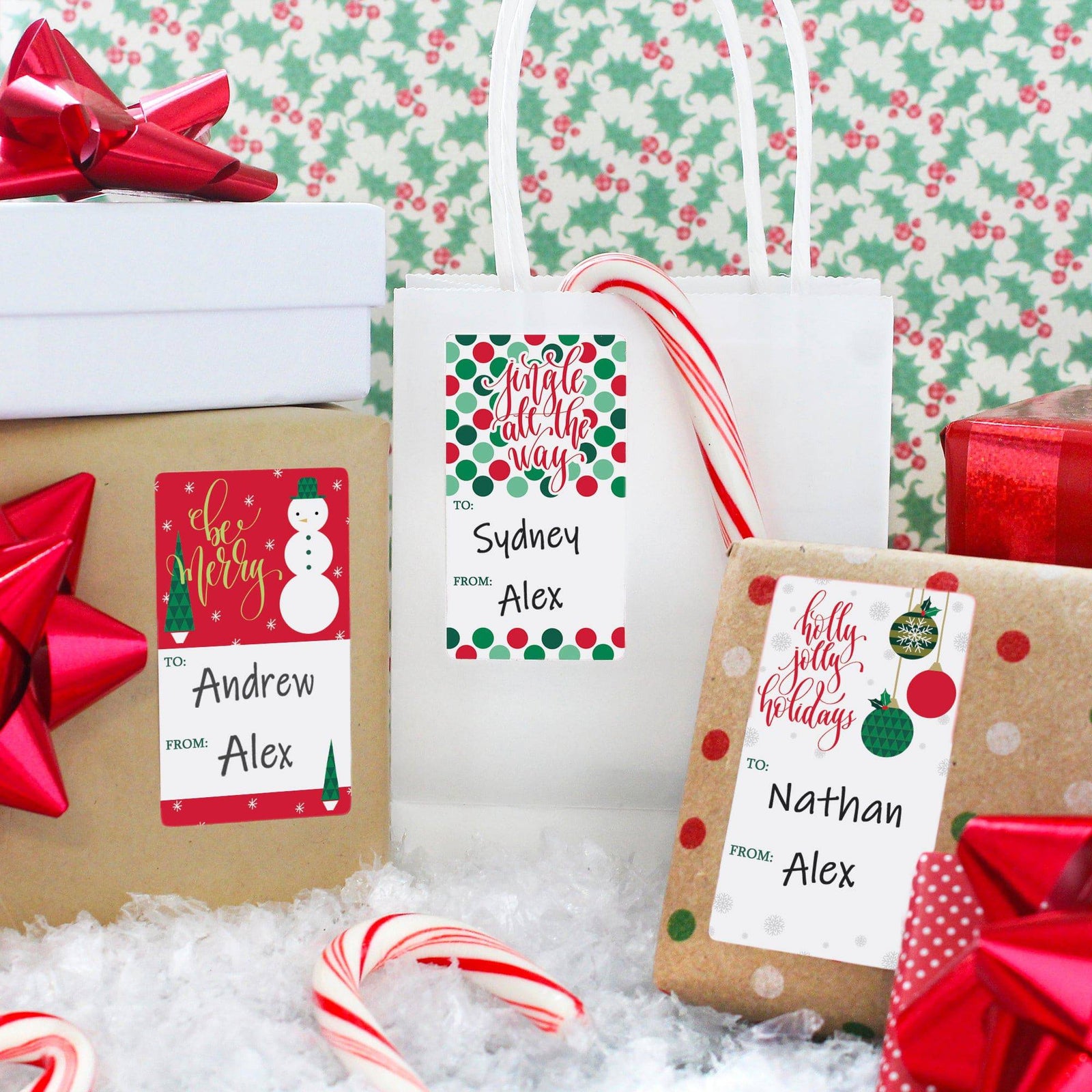 Christmas Gift Tag Stickers: Geometric Circles & Retro Ornaments - 75 Stickers - Distinctivs Party