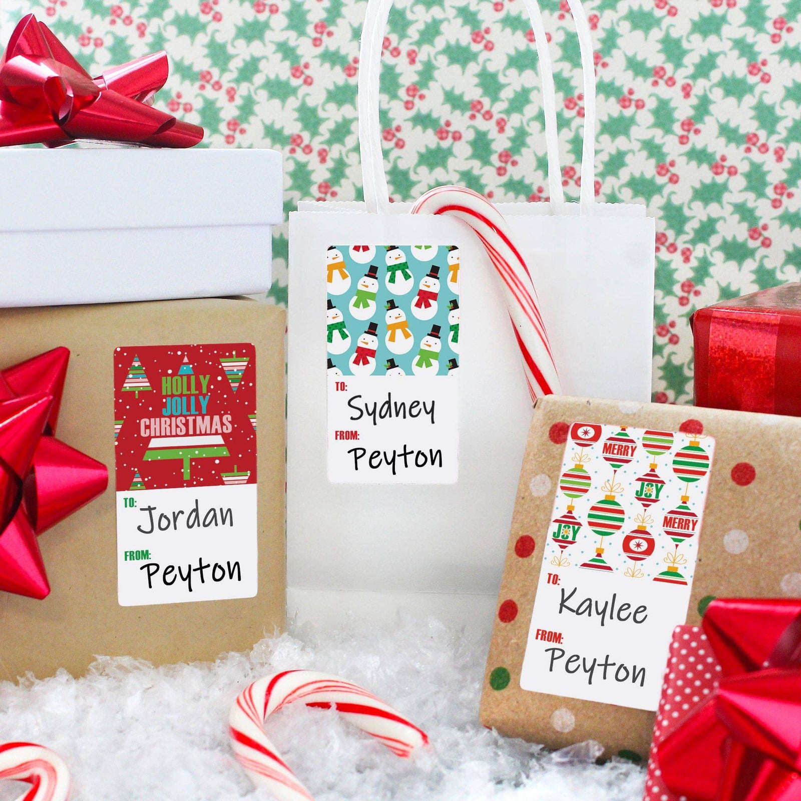 Christmas Gift Tag Stickers: Holly Jolly Rainbow Bright Trees, Ornaments, and Snowmen  – 75 Stickers - Distinctivs Party