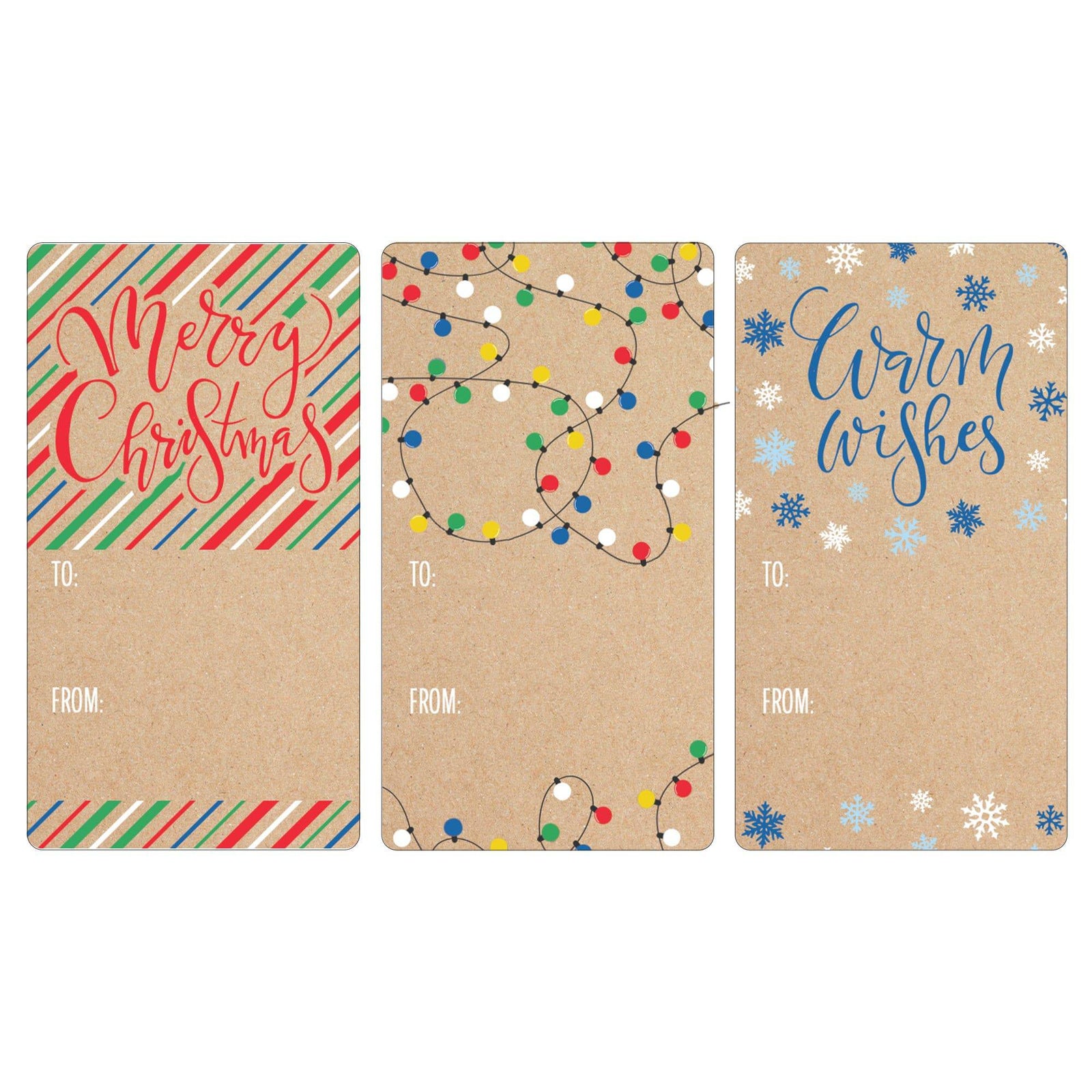 Christmas Gift Tag Stickers: Kraft Paper Stripes, Lights, and Snowflakes  – 75 Stickers - Distinctivs Party