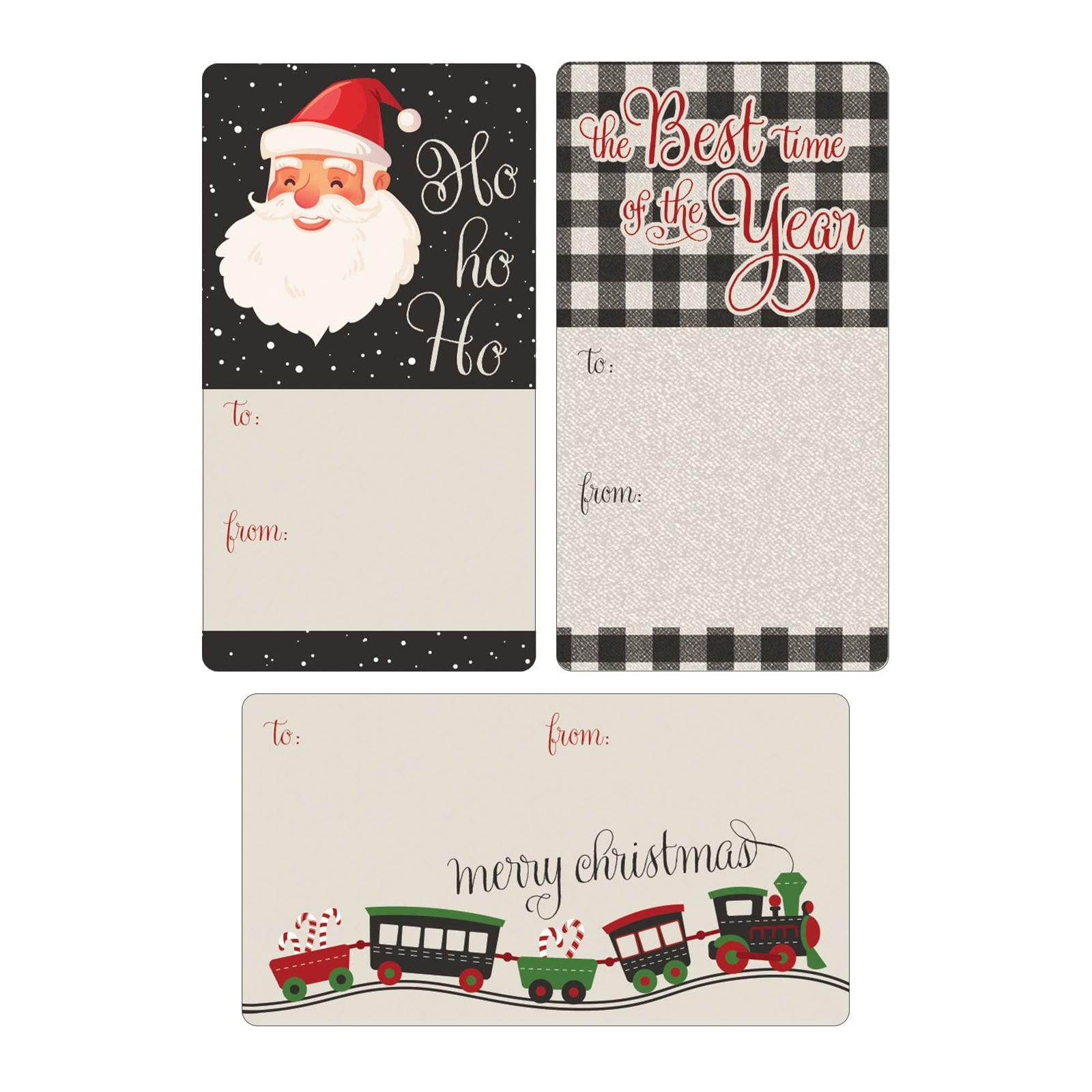 Christmas Gift Tag Stickers: Santa, Toy Train, and Buffalo Plaid  – 75 Stickers - Distinctivs Party