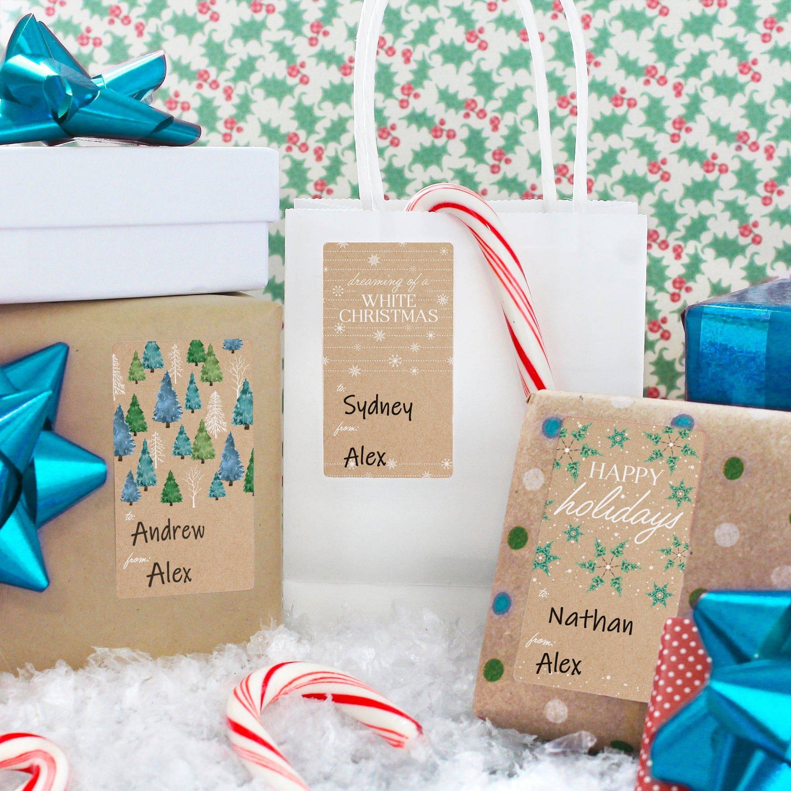 Christmas Gift Tag Stickers: Watercolor Trees and Snowflakes  – 75 Stickers - Distinctivs Party