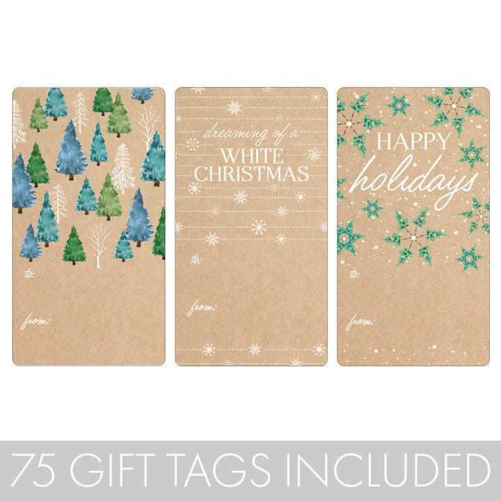 Christmas Gift Tag Stickers: Watercolor Trees and Snowflakes  – 75 Stickers - Distinctivs Party