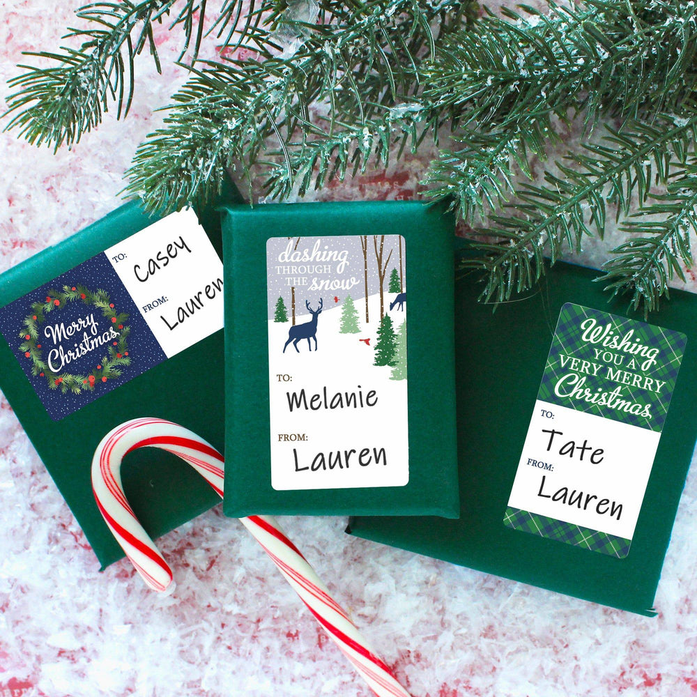 Christmas Gift Tag Stickers: Woodland, Wreath, and Green Plaid  – 75 Stickers - Distinctivs Party