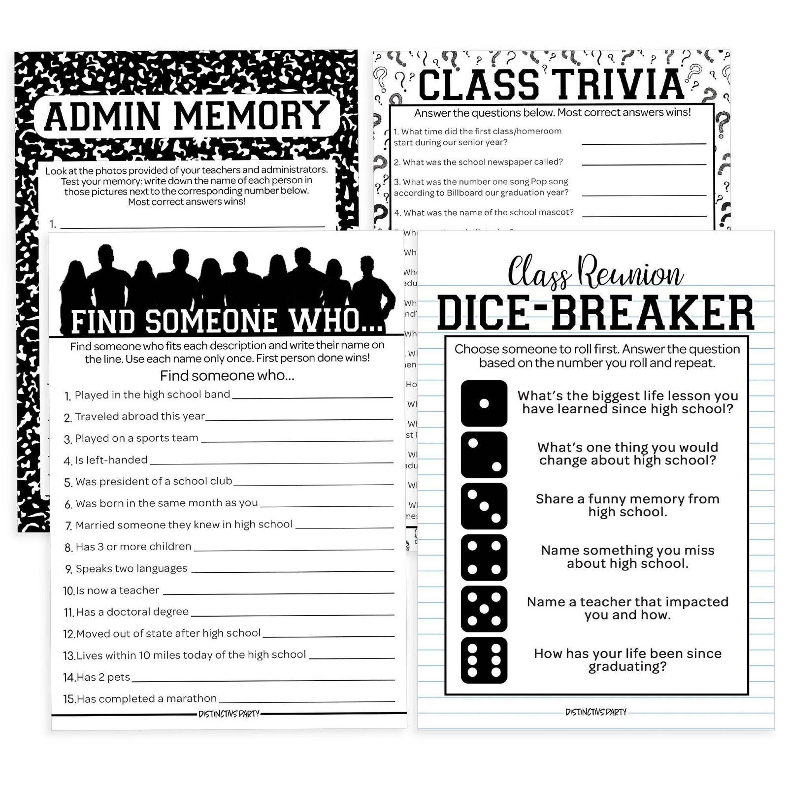 Class Reunion: Party Game Bundle - Class Trivia, Dice Breaker, Find Someone Who & Admin Memory - 4 Games for 20 Players - 40 Dual Sided Cards - Distinctivs Party