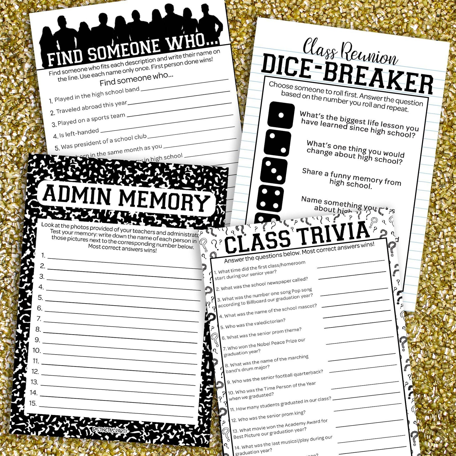 Class Reunion: Party Game Bundle - Class Trivia, Dice Breaker, Find Someone Who & Admin Memory - 4 Games for 20 Players - 40 Dual Sided Cards - Distinctivs Party