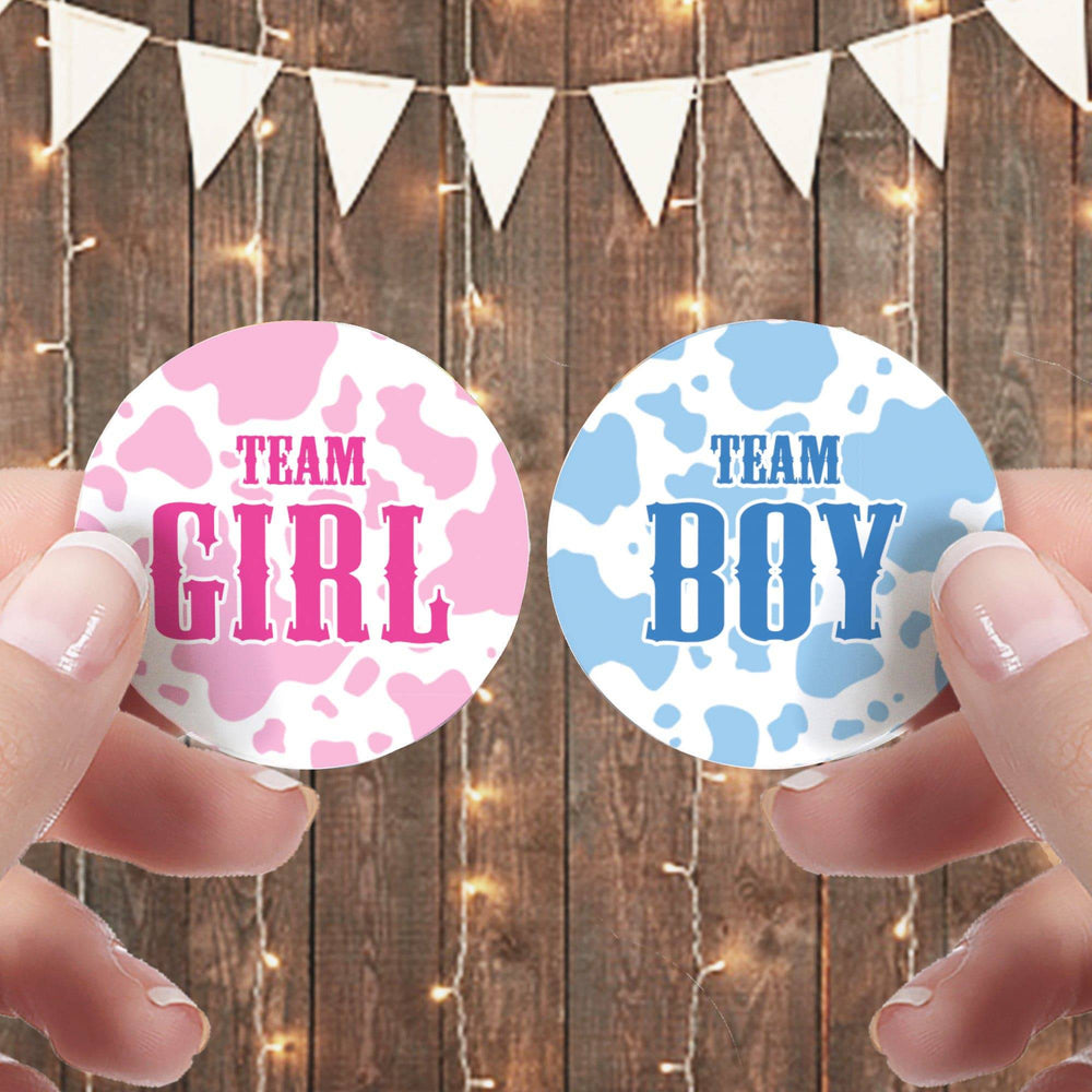 Cow print: Gender Reveal Party - Team Boy or Team Girl - 40 Stickers - Distinctivs Party