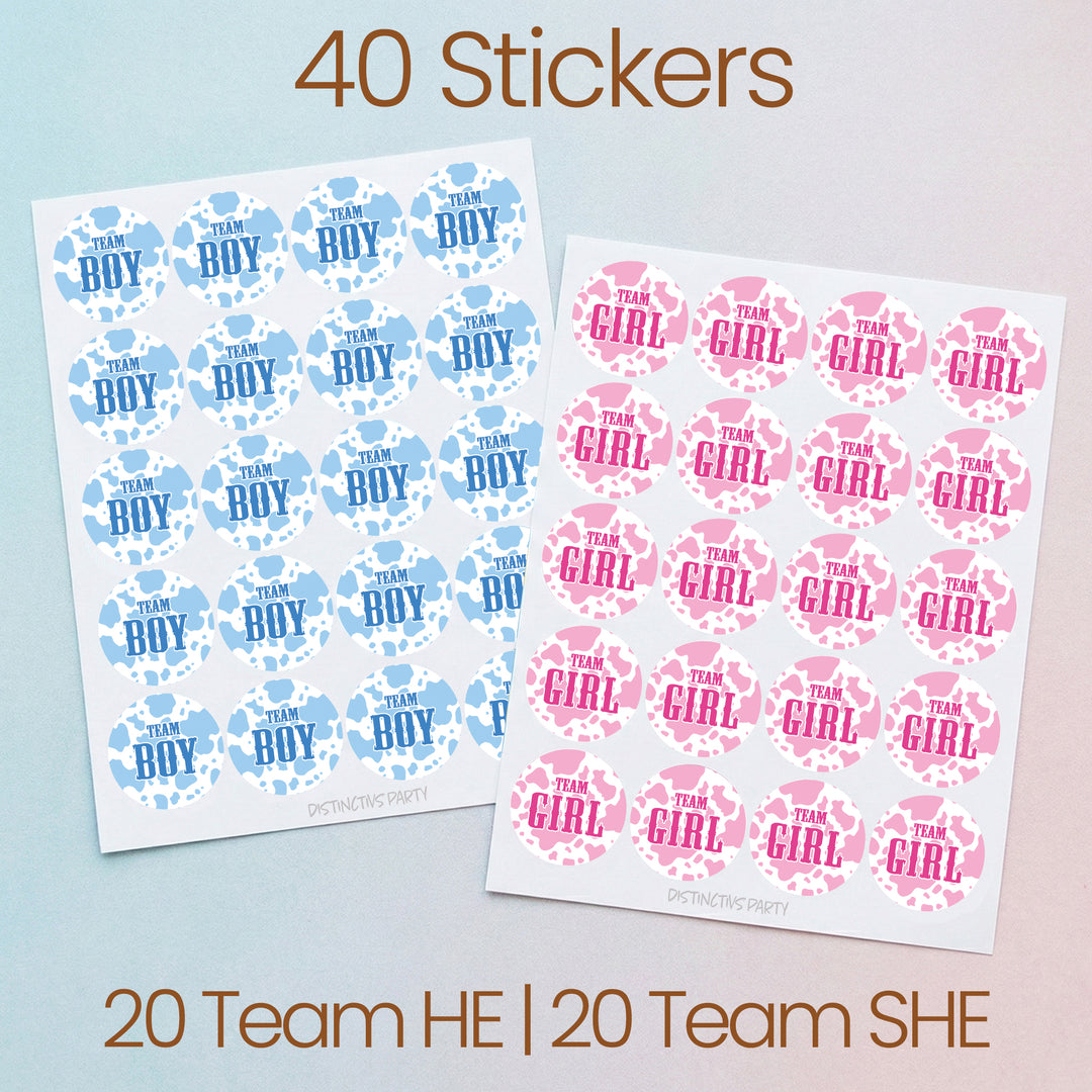 Cow print: Gender Reveal Party - Team Boy or Team Girl - 40 Stickers