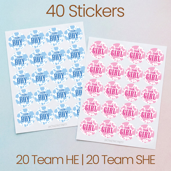 Cow print: Gender Reveal Party - Team Boy or Team Girl - 40 Stickers