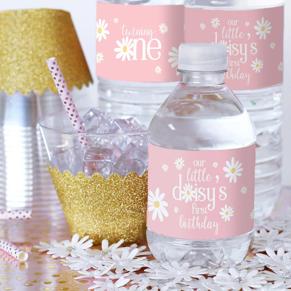 Darling Daisy - 1st Birthday: Water Bottle Labels - 24 Waterproof Stickers - Distinctivs Party