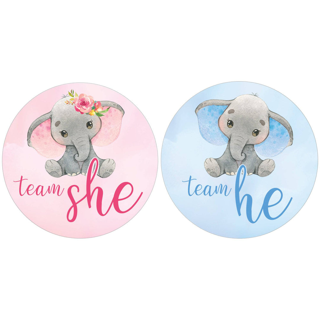 Elephant: Gender Reveal Party -Team He or Team She - 40 Stickers